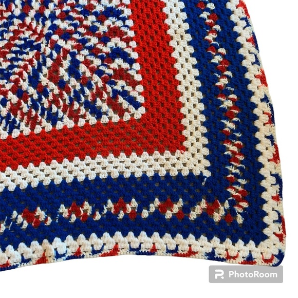 Vintage Afghan Crocheted Blanket Handmade Red Blue Throw 48" x 48" Patriotic USA - Picture 6 of 6